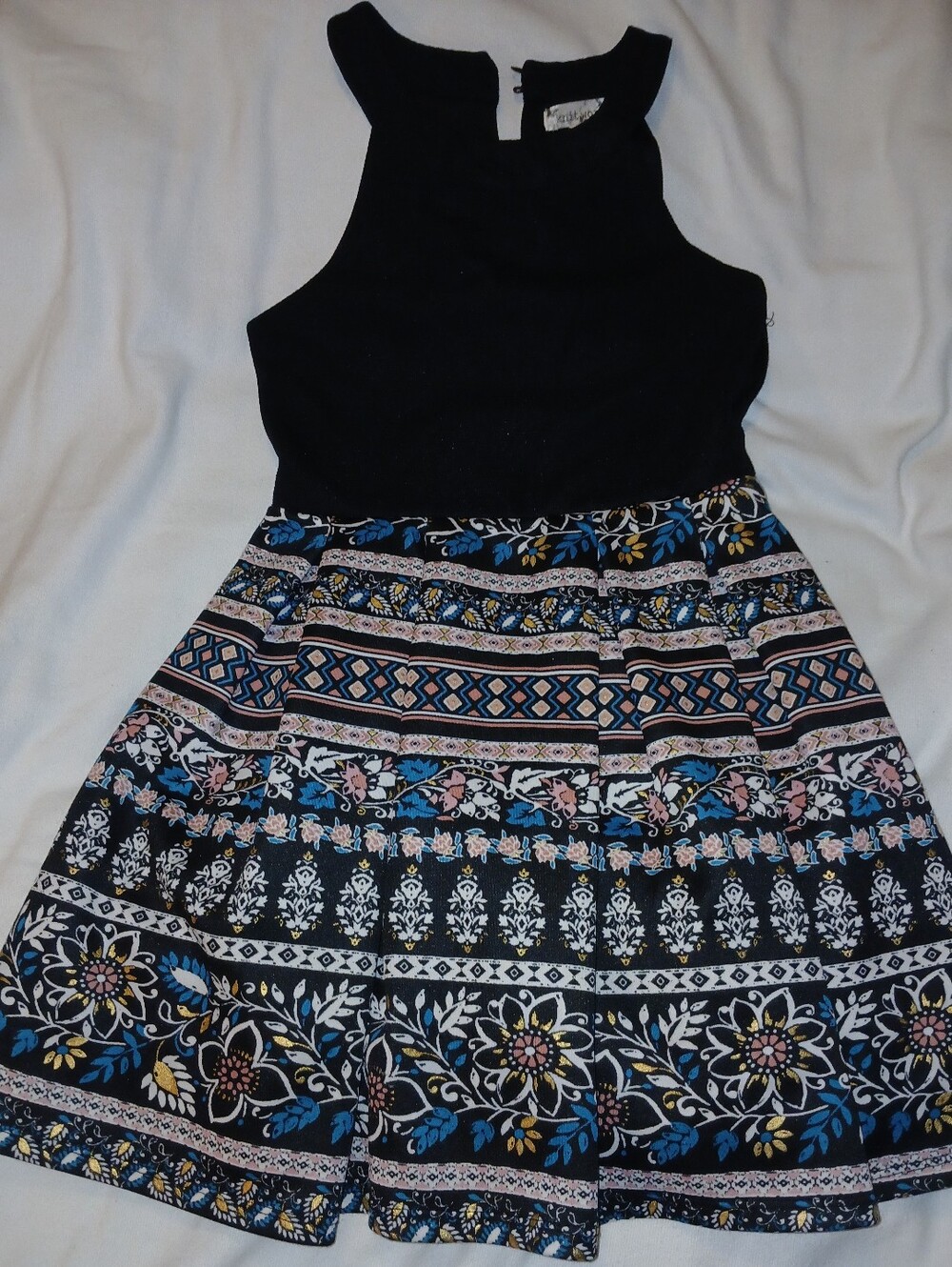 Pre-loved Girl's Black Halter-Neck Dress with Floral Patterned Skirt.